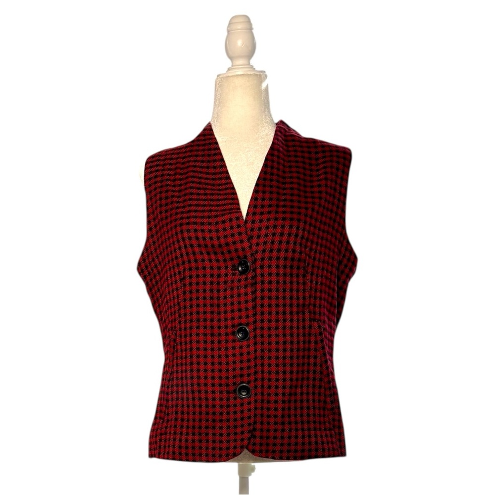 Vintage Woolrich Red Black Houndstooth Wool Blend Vest Womens Medium Lined